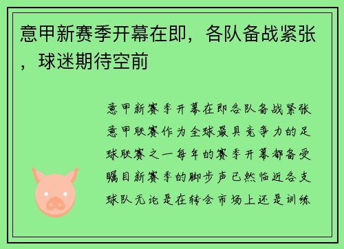 意甲新赛季开幕在即，各队备战紧张，球迷期待空前